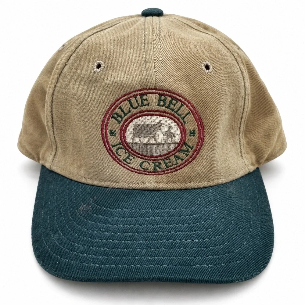 Vintage New Era Blue Bell Ice Cream Hat Made in USA Khaki Green Strapback